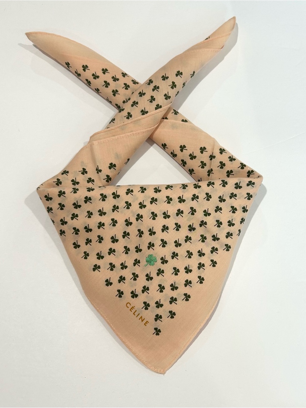 WOMEN HANDKERCHIEF CELINE Tan Green Clovers BANDANA COTTON POCKET SQUARE 19”
